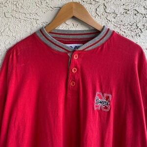 Vintage 90s University of Nebraska Corn Huskers Red Mirage Henley Shirt Size XL